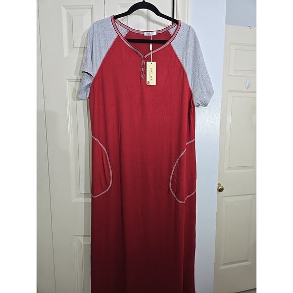 EKOUAER 54" Long Nightgown 2 Tone Red&Gray LG Buttery Soft, Silky Feeling NWT - Picture 1 of 8
